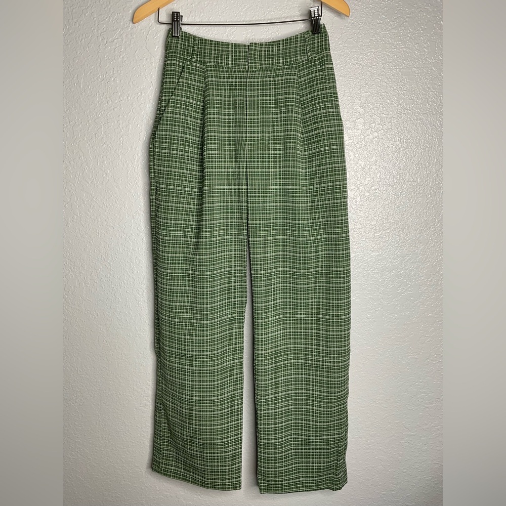 Lumiere sz sm green/white wide leg pants L 40.5” waist 14” inseam 29” cuff 9”